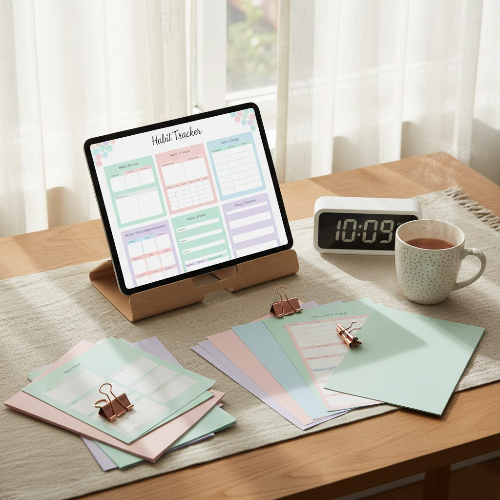 A cozy nook-style workspace featuring a tablet on a foldable stand, screen filled with a bundle of printable habit trackers, meal planners, and budget sheets in cheerful pastel palettes. The tablet is nestled among neatly arranged printed pages clipped with rose-gold binder clips, a slim digital clock, and a ceramic mug with a subtle dotted texture, all on a light linen table runner over a wooden desk. Soft, overcast daylight filters through sheer curtains, creating a calm, diffused glow and gentle, elongated shadows. Captured from a three-quarter overhead angle in photographic realism, the composition emphasizes layers and depth. The mood is warm, relaxed, and encouraging, highlighting how curated digital products can simplify routines and reduce decision fatigue.