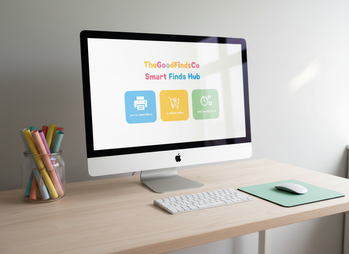 A whimsical desktop scene where a bright computer monitor displays a colorful dashboard labeled “TheGoodFindsCo Smart Finds Hub,” filled with tiles for digital printables, online deals, and time-saving tools. The monitor stands on a pale birch desk accented by a clear glass jar of neatly rolled printed templates, a minimalist white keyboard, and a mint-green mousepad. Natural daylight from a large unseen window on the right casts soft, even illumination, with faint reflections on the monitor and a gentle gradient of light across the wall behind. Shot at a slightly off-center, eye-level angle with photographic realism and sharp focus, the scene feels friendly, efficient, and inviting, embodying a playful yet practical guide to online best finds.