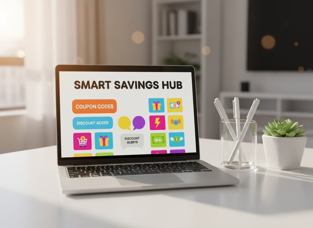 A close-up of a minimalist workspace featuring a single open laptop displaying a vibrant digital savings dashboard with coupon codes, discount alerts, and deal icons in bold, playful colors. The laptop sits on a smooth white desk alongside a transparent acrylic pen holder and a small, geometric planter with a lush green plant. Warm, diffused afternoon light filters from a nearby window, creating a soft glow on the metallic laptop edges and a mild bokeh effect in the background. Captured at an eye-level angle with shallow depth of field, the photographic realism emphasizes clarity and modernity. The mood feels smart, optimistic, and efficient, highlighting the ease of finding online deals without endless scrolling.