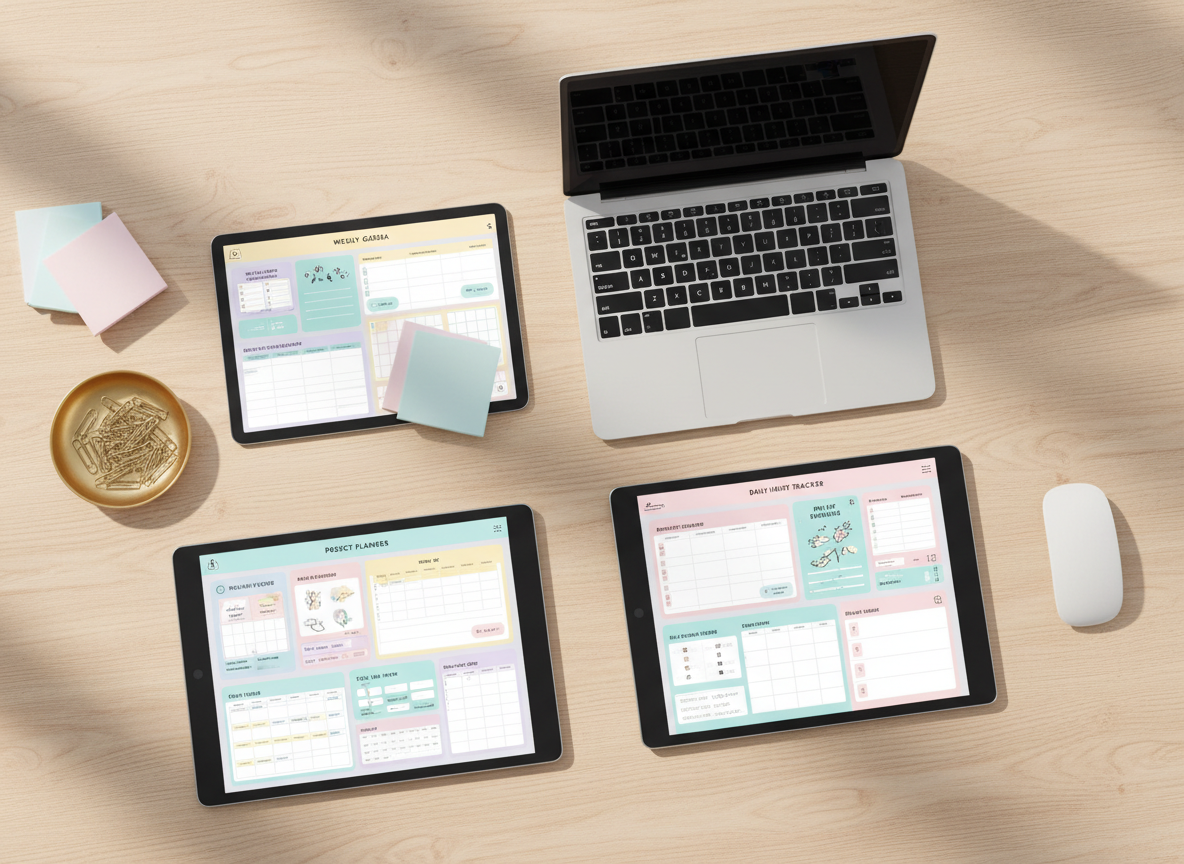 A neatly arranged flat lay of digital devices showcasing colorful printable planners, checklists, and templates on bright, high-resolution tablet and laptop screens. The devices rest on a clean, pale oak desk sprinkled with small, playful desk accessories like pastel sticky notes, a gold paperclip dish, and a sleek wireless mouse. Soft morning daylight pours in from the left, creating gentle reflections on the screens and subtle shadows along the desk grain. Shot from a bird’s-eye view with crisp photographic realism, the composition follows the rule of thirds, leaving negative space around the devices. The mood is energetic yet organized, evoking the excitement of discovering smart online finds that save time and reduce digital clutter.