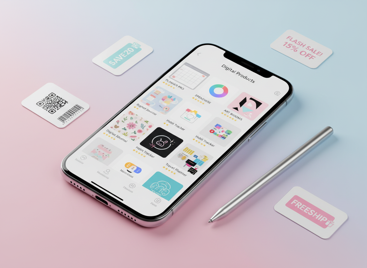 A sleek smartphone lying on a smooth pastel-colored surface, its screen displaying a curated grid of “best online finds” including digital planners, budget trackers, and printable wall art, each with tiny price tags and star ratings. Surrounding the phone are scattered printed mini cards showing coupon codes and QR codes, along with a slim, reflective metal stylus. Soft studio lighting from above and slightly to the right produces bright, crisp highlights on the phone’s edges and gentle, diffused shadows that anchor the objects. Captured from a close, slightly angled top-down perspective with shallow depth of field, the photographic realistic style feels fresh and modern. The mood is playful and curious, suggesting the thrill of discovering hidden digital gems that save money and time.