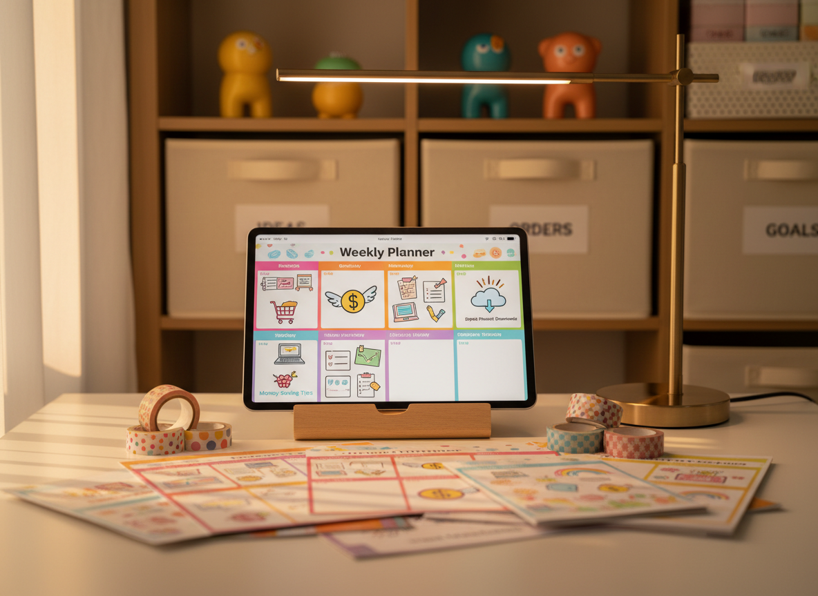 A cheerful scene of a tablet propped up on a light wood stand, showcasing a colorful weekly printable planner filled with icons for tasks, money-saving tips, and digital product downloads. Around the tablet are neatly stacked printed planner pages, vibrant washi tape rolls, and a slim, metallic desk lamp casting soft, focused light onto the setup. Behind, blurred shelves hold labeled storage boxes and a few bright decorative objects. Golden hour sunlight streams in from the side, mixing with the lamp’s warm glow to create cozy highlights and soft shadows. Shot from a slightly elevated angle with photographic realism, the composition feels playful yet productive, celebrating the joy of organizing life with digital printables and clever online resources.